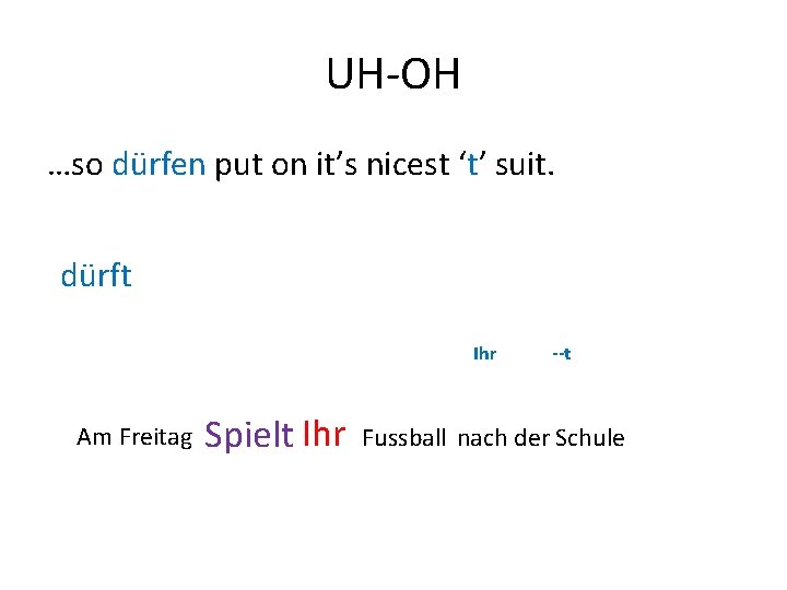 UH-OH …so dürfen put on it’s nicest ‘t’ suit. Ich Du Er/sie/es Wir Ihr