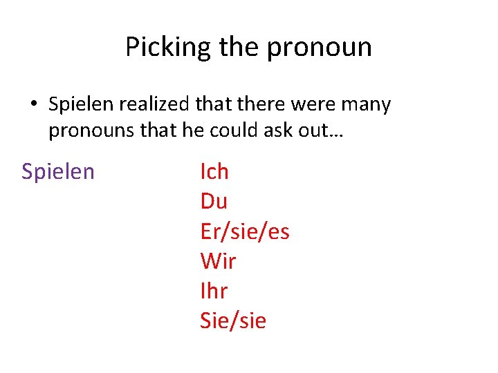 Picking the pronoun • Spielen realized that there were many pronouns that he could