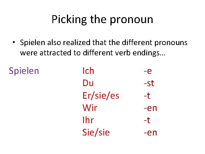 Picking the pronoun • Spielen also realized that the different pronouns were attracted to