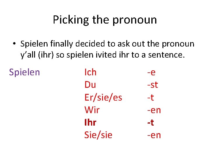 Picking the pronoun • Spielen finally decided to ask out the pronoun y’all (ihr)