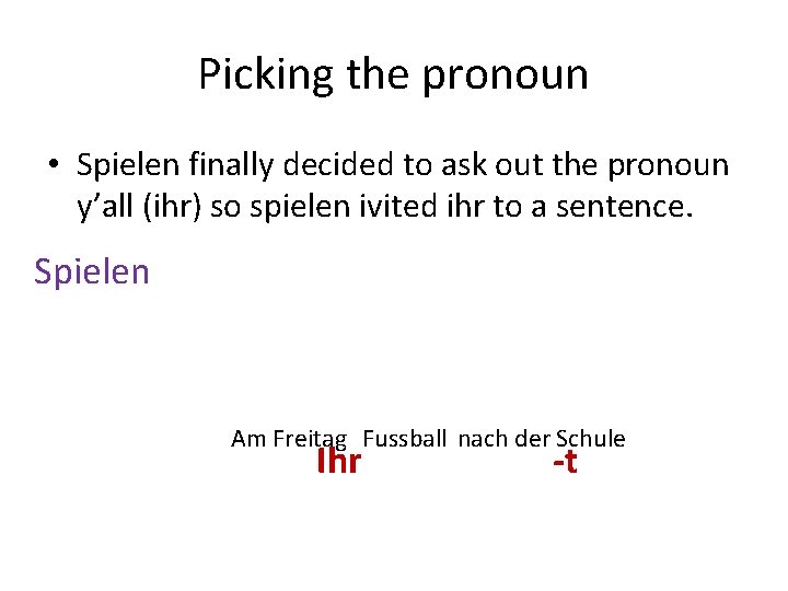 Picking the pronoun • Spielen finally decided to ask out the pronoun y’all (ihr)