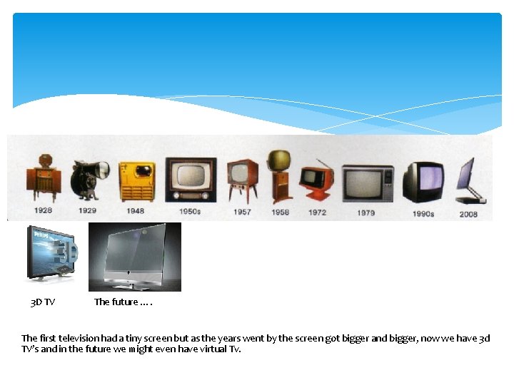 3 D TV The future …. The first television had a tiny screen but