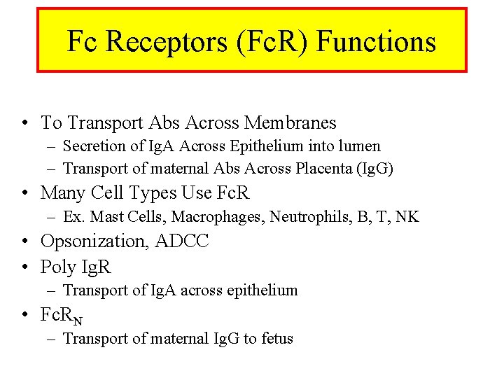 Fc Receptors (Fc. R) Functions • To Transport Abs Across Membranes – Secretion of