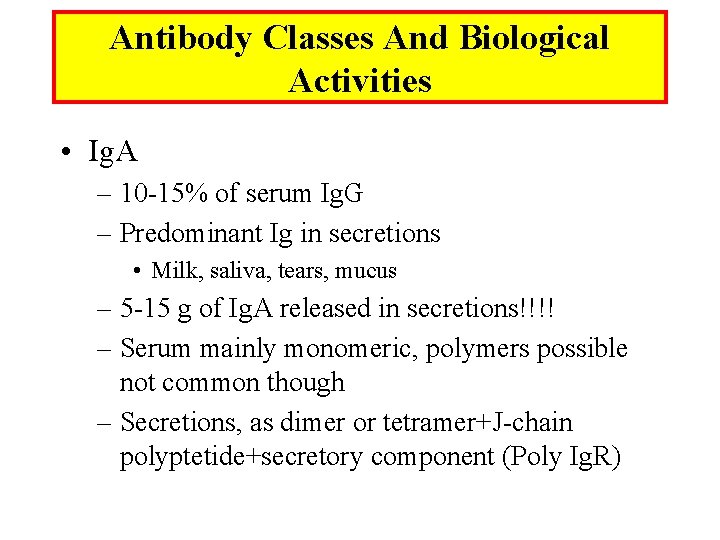 Antibody Classes And Biological Activities • Ig. A – 10 -15% of serum Ig.