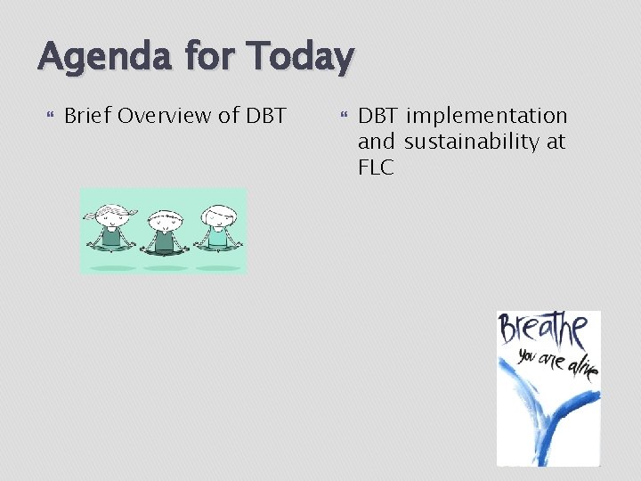Agenda for Today Brief Overview of DBT implementation and sustainability at FLC 