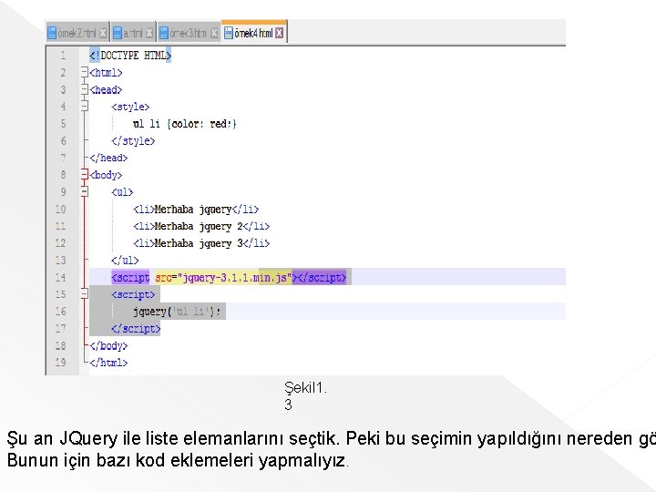 Şekil 1. 3 Şu an JQuery ile liste elemanlarını seçtik. Peki bu seçimin yapıldığını Şekil 1. 3 Şu an JQuery ile liste elemanlarını seçtik. Peki bu seçimin yapıldığını