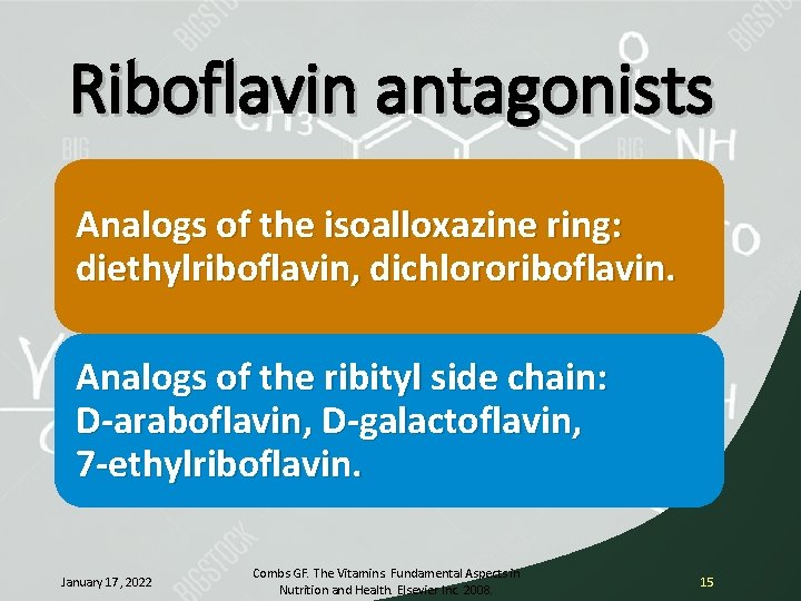 Riboflavin antagonists Analogs of the isoalloxazine ring: diethylriboflavin, dichlororiboflavin. Analogs of the ribityl side