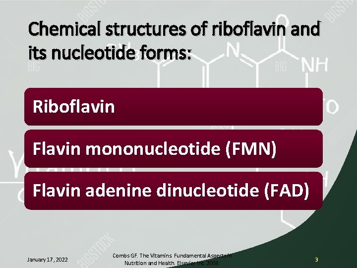 Chemical structures of riboflavin and its nucleotide forms: Riboflavin Flavin mononucleotide (FMN) Flavin adenine