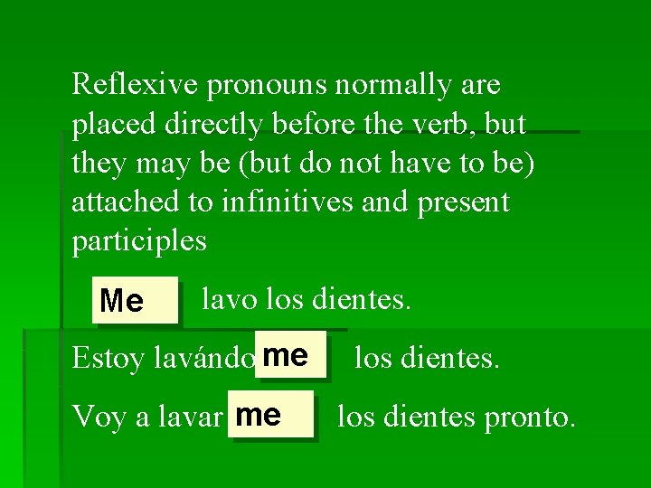 Reflexive pronouns normally are placed directly before the verb, but they may be (but