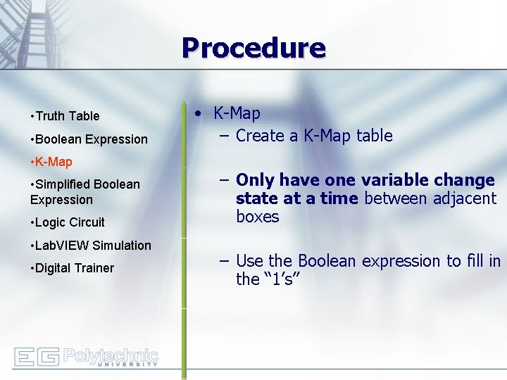Procedure • Truth Table • Boolean Expression • K-Map • Simplified Boolean Expression •