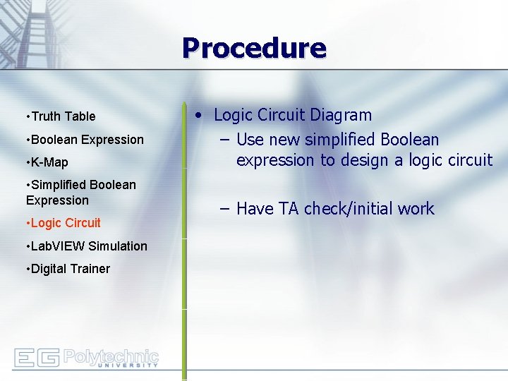 Procedure • Truth Table • Boolean Expression • K-Map • Simplified Boolean Expression •