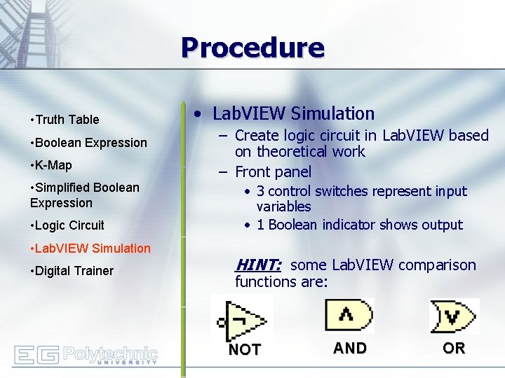 Procedure • Truth Table • Boolean Expression • K-Map • Simplified Boolean Expression •