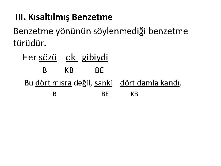 III. Kısaltılmış Benzetme yönünün söylenmediği benzetme türüdür. Her sözü ok gibiydi B KB BE