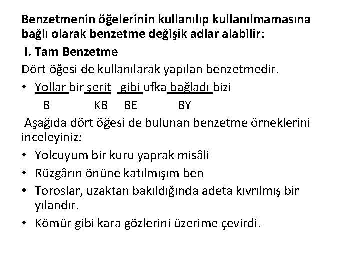 Benzetmenin öğelerinin kullanılıp kullanılmamasına bağlı olarak benzetme değişik adlar alabilir: I. Tam Benzetme Dört