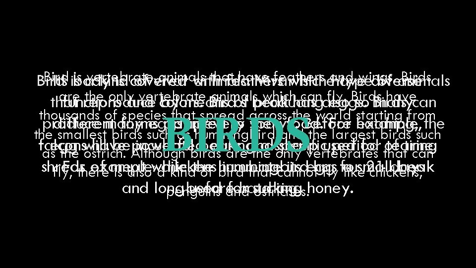 Bird is a vertebrate animals that have feathers wings. Birds Bird Its isbody kind