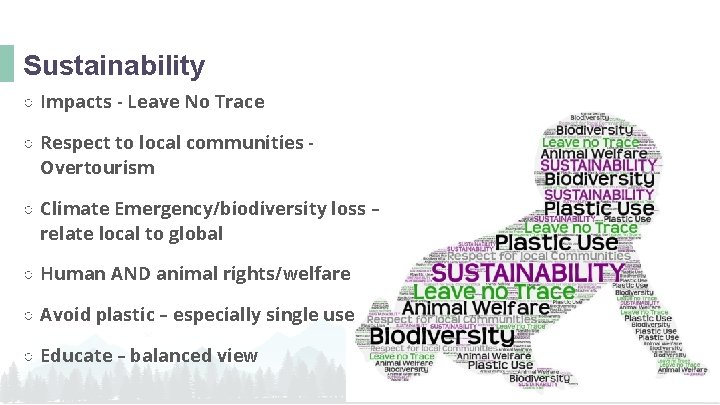 Sustainability ○ Impacts - Leave No Trace ○ Respect to local communities Overtourism ○