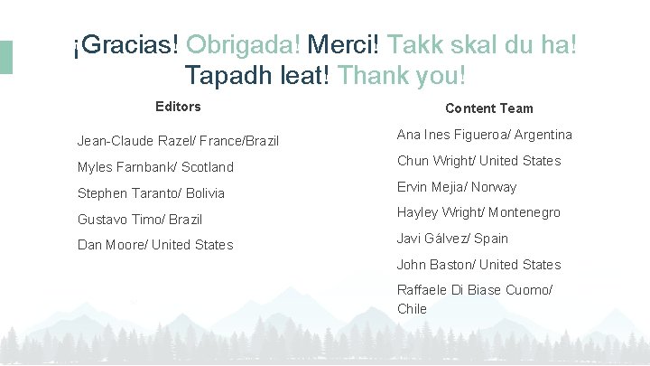 ¡Gracias! Obrigada! Merci! Takk skal du ha! Tapadh leat! Thank you! Editors Content Team