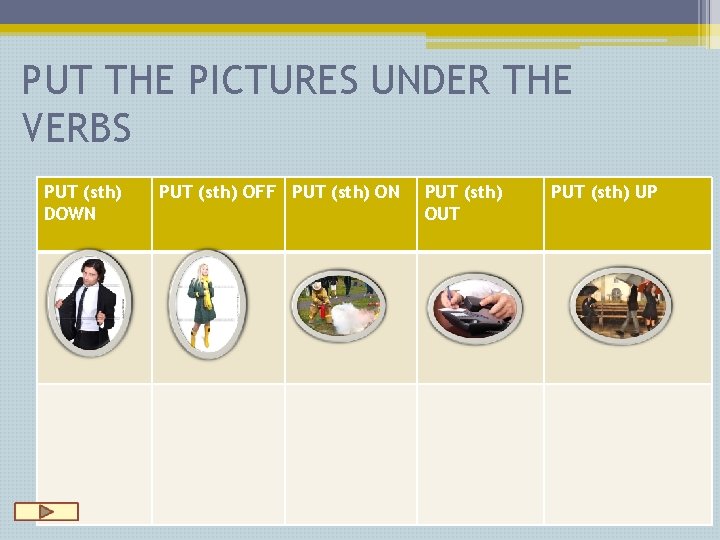 PUT THE PICTURES UNDER THE VERBS PUT (sth) DOWN PUT (sth) OFF PUT (sth)