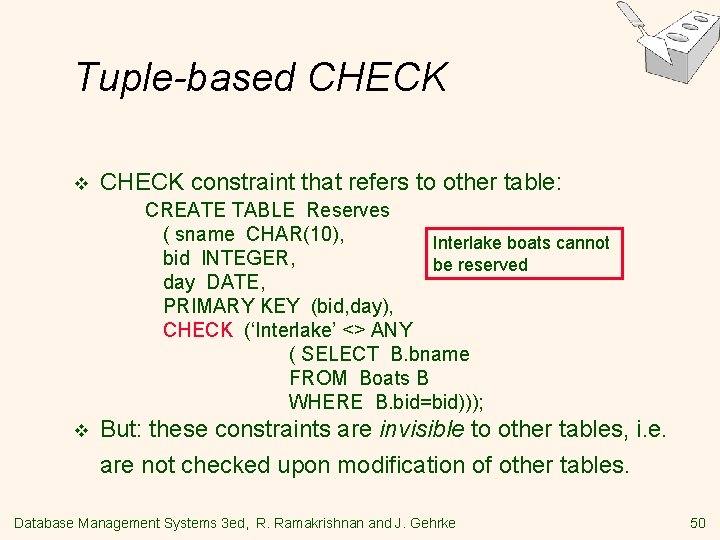 Tuple-based CHECK v CHECK constraint that refers to other table: CREATE TABLE Reserves (