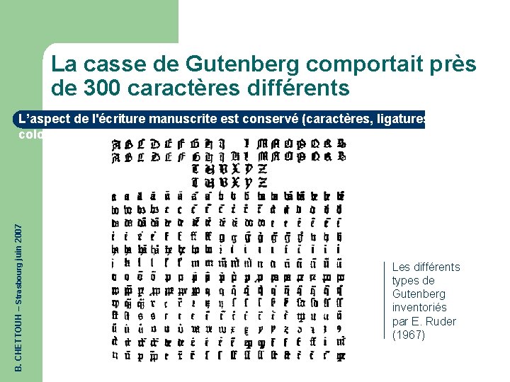 La casse de Gutenberg comportait près de 300 caractères différents B. CHETTOUH – Strasbourg