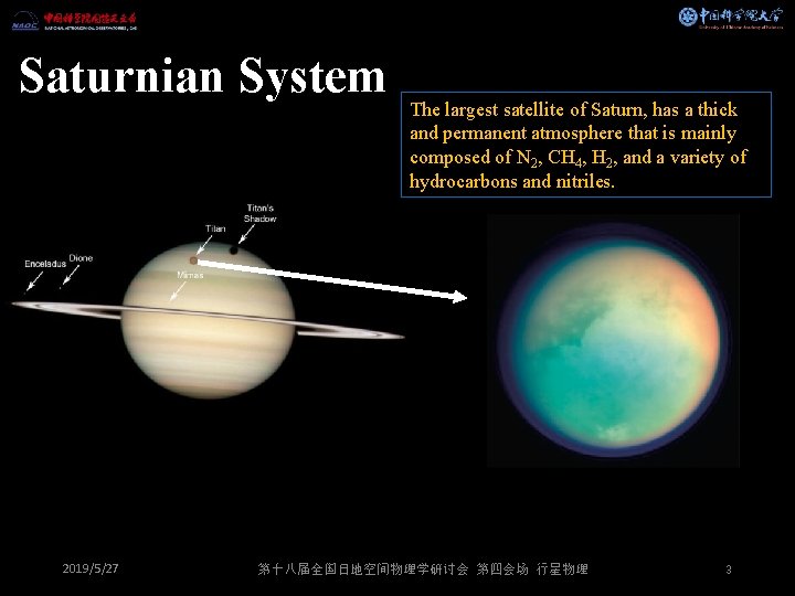 Saturnian System 2019/5/27 The largest satellite of Saturn, has a thick and permanent atmosphere