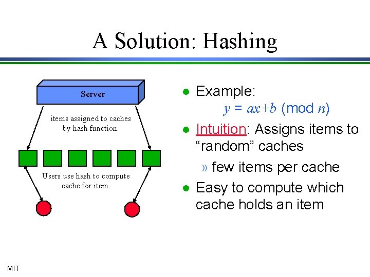 A Solution: Hashing Server l items assigned to caches by hash function. l Users