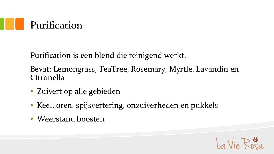 Purification is een blend die reinigend werkt. Bevat: Lemongrass, Tea. Tree, Rosemary, Myrtle, Lavandin