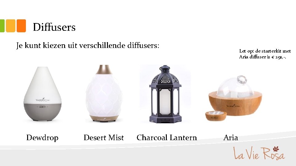 Diffusers Je kunt kiezen uit verschillende diffusers: Dewdrop Desert Mist Charcoal Lantern Let op: