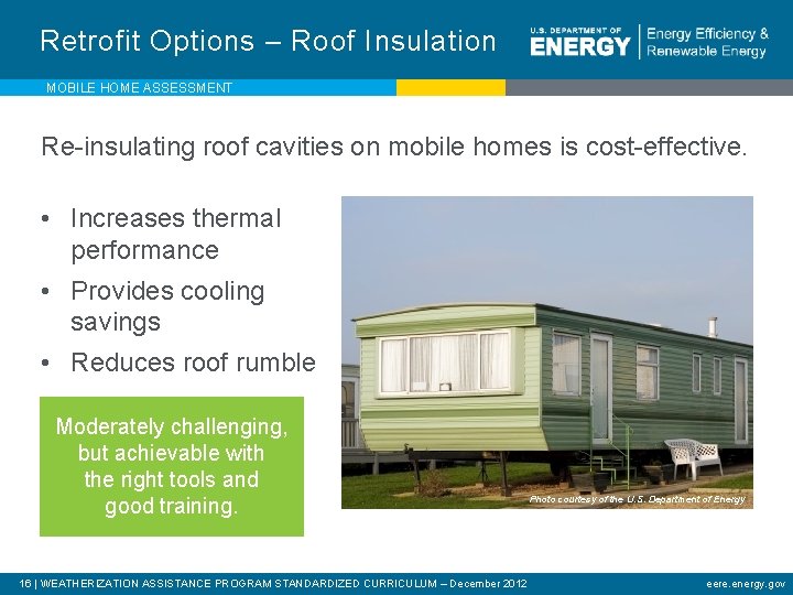 Retrofit Options – Roof Insulation MOBILE HOME ASSESSMENT Re-insulating roof cavities on mobile homes