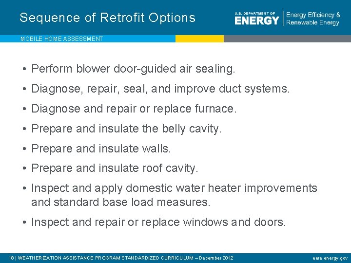 Sequence of Retrofit Options MOBILE HOME ASSESSMENT • Perform blower door-guided air sealing. •