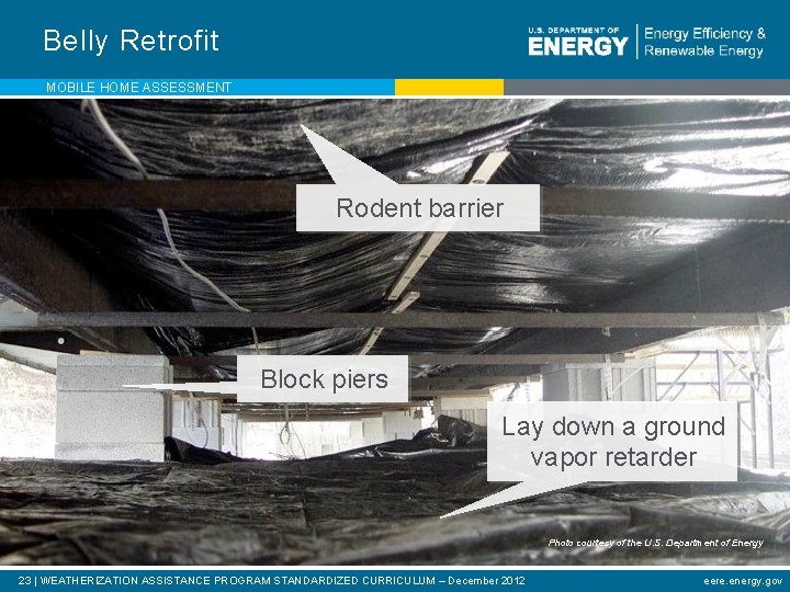 Belly Retrofit MOBILE HOME ASSESSMENT Rodent barrier Block piers Lay down a ground vapor