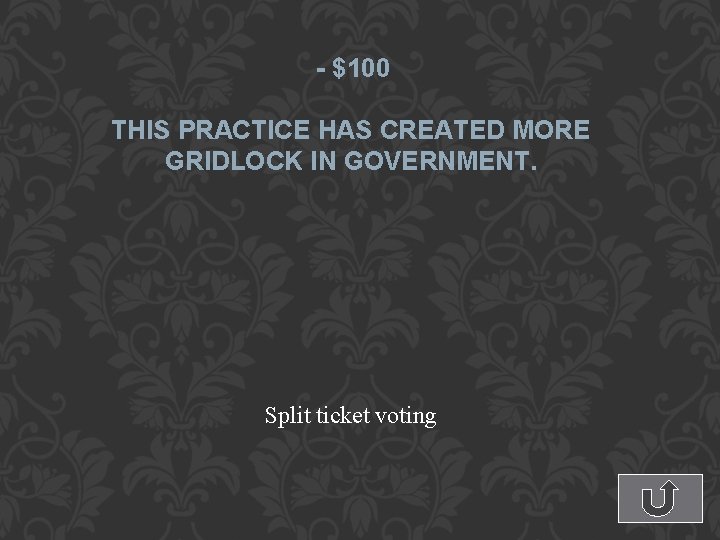 - $100 THIS PRACTICE HAS CREATED MORE GRIDLOCK IN GOVERNMENT. Split ticket voting 