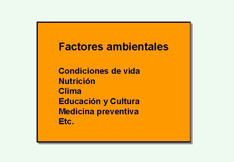 Factores ambientales Condiciones de vida Nutrición Clima Educación y Cultura Medicina preventiva Etc. 