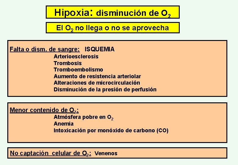 Hipoxia: disminución de O 2 El O 2 no llega o no se aprovecha