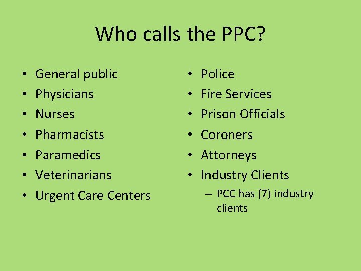 Who calls the PPC? • • General public Physicians Nurses Pharmacists Paramedics Veterinarians Urgent