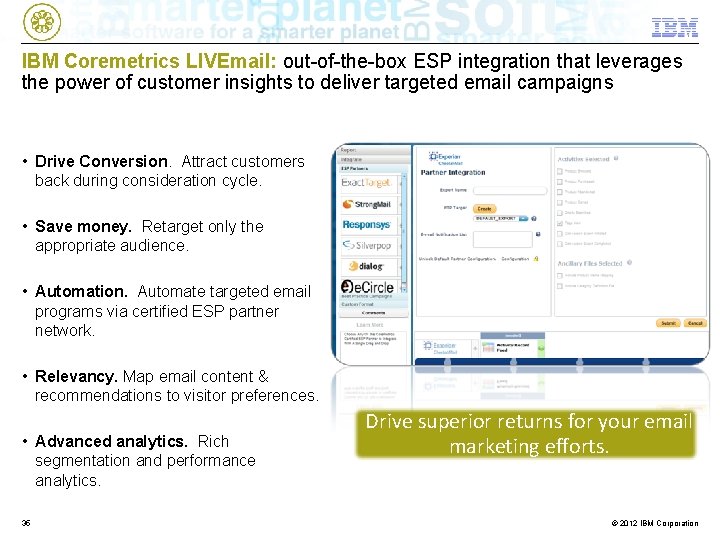 IBM Coremetrics LIVEmail: out-of-the-box ESP integration that leverages the power of customer insights to