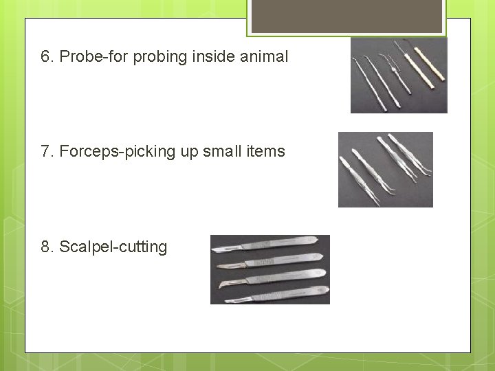 6. Probe-for probing inside animal 7. Forceps-picking up small items 8. Scalpel-cutting 