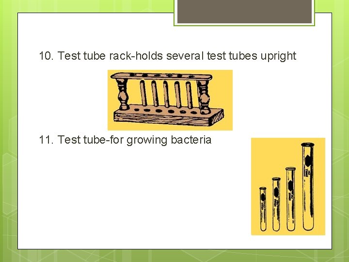 10. Test tube rack-holds several test tubes upright 11. Test tube-for growing bacteria 