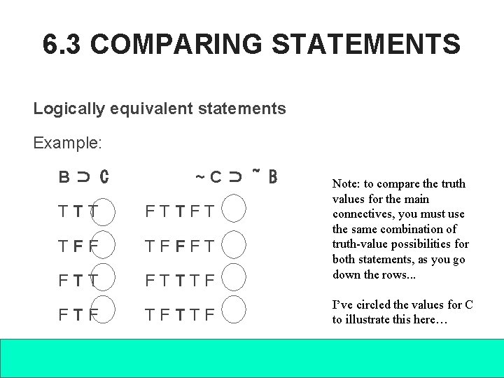 6. 3 COMPARING STATEMENTS Logically equivalent statements Example: B⊃ C ~C⊃ ~ B TTT