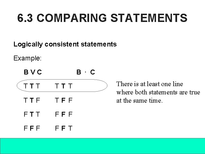 6. 3 COMPARING STATEMENTS Logically consistent statements Example: BVC B⋅ C TTT TTF TF