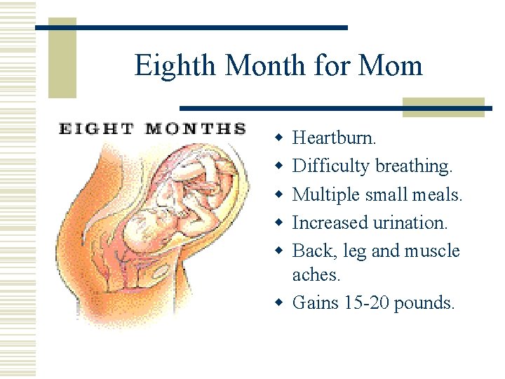 Eighth Month for Mom w w w Heartburn. Difficulty breathing. Multiple small meals. Increased