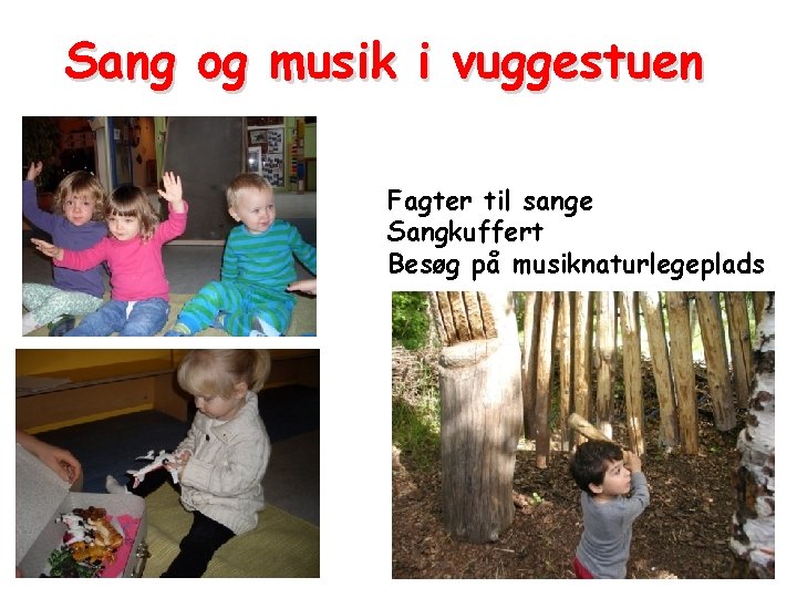 Sang og musik i vuggestuen Fagter til sange Sangkuffert Besøg på musiknaturlegeplads 