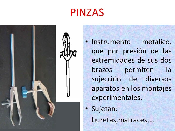 PINZAS • Instrumento metálico, que por presión de las extremidades de sus dos brazos