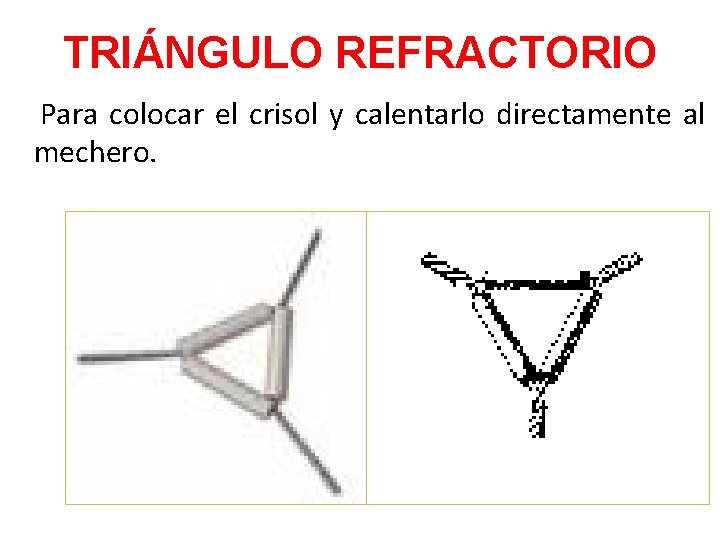 TRIÁNGULO REFRACTORIO Para colocar el crisol y calentarlo directamente al mechero. 