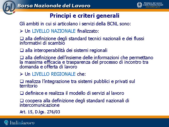 Principi e criteri generali Gli ambiti in cui si articolano i servizi della BCNL