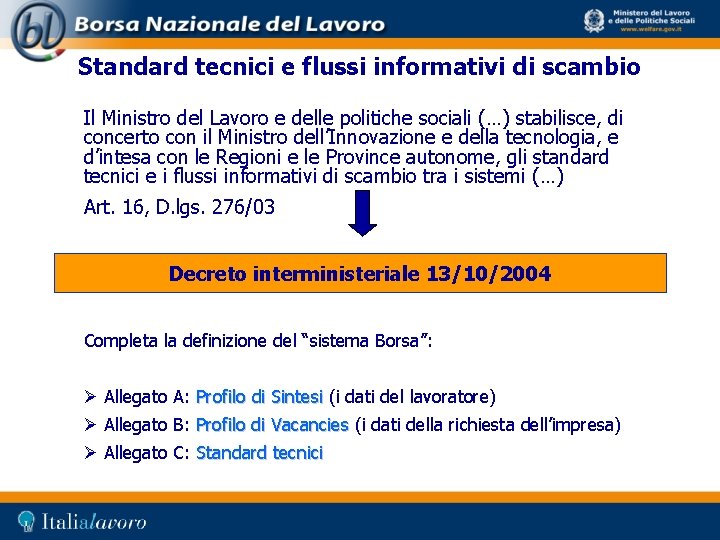 Standard tecnici e flussi informativi di scambio Il Ministro del Lavoro e delle politiche