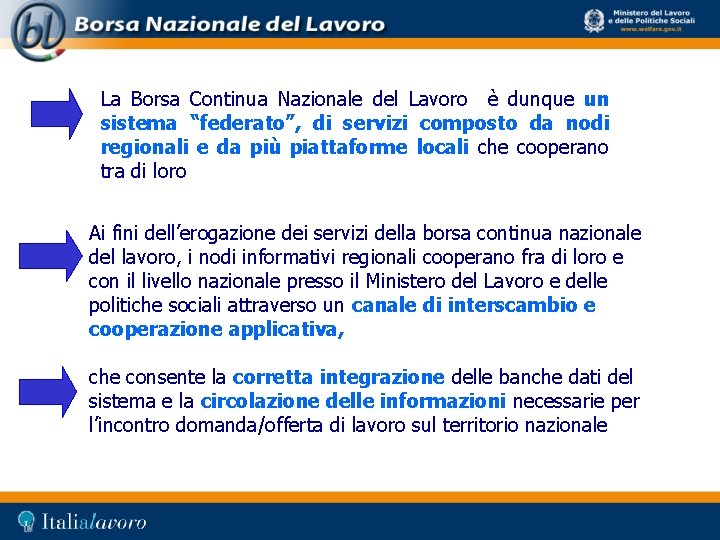 La Borsa Continua Nazionale del Lavoro è dunque un sistema “federato”, di servizi composto