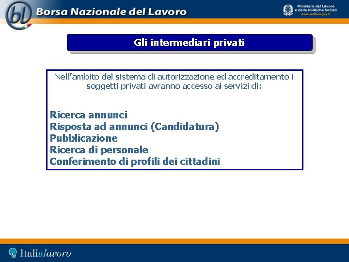 Gli intermediari privati Nell’ambito del sistema di autorizzazione ed accreditamento i soggetti privati avranno