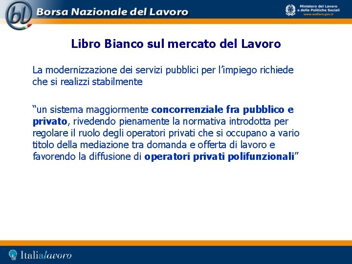 Libro Bianco sul mercato del Lavoro La modernizzazione dei servizi pubblici per l’impiego richiede