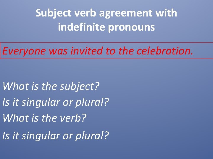 Subject verb agreement with indefinite pronouns Everyone was invited to the celebration. What is